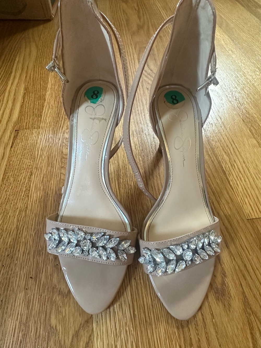 Jessica Simpson Nude Crystal-Embellished Ankle-Strap Heels